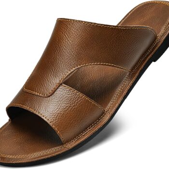 Men's Leather Cutout Slides Sandals Comfortable Lightweight Open Toe Anti-slip Soft bottom Slip On Slippers Summer Outdoor Casual Beach Sandals